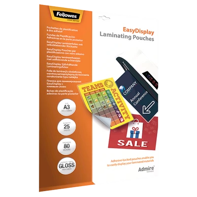 Lamináló fólia FELLOWES A/3 Admire Easy Display 80 mikron fényes öntapadó 25 db/csomag