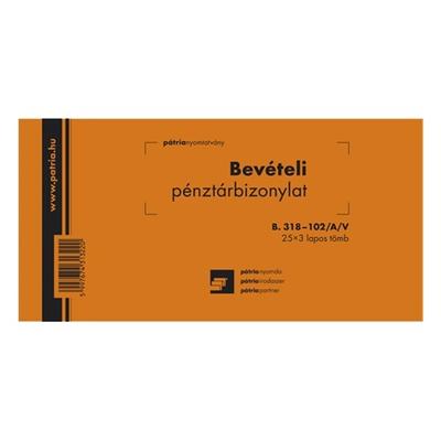 Nyomtatvány bevételi pénztárbizonylat 203x102mm 25x3 lap vegykezelt