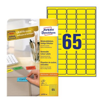 Etikett AVERY L4793-20 38,1x21,2mm sárga 1300 címke/doboz 20 ív/doboz