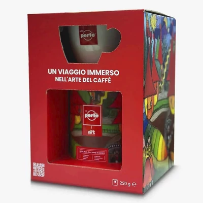 Ajándékcsomag CAFFÉ PERTÉ Art of Coffee szemes kávé hengerben 250 g + csésze szett