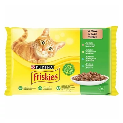 Állateledel alutasakos PURINA Friskies macskáknak marha-csirke-tonhal-tőkehal 4x85 g