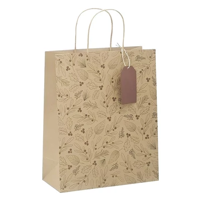 Dísztasak CREATIVE ECO Delucm x Plus M 23cm x 26cm x 12 cm kraft fóliás levél mintás sodort füles