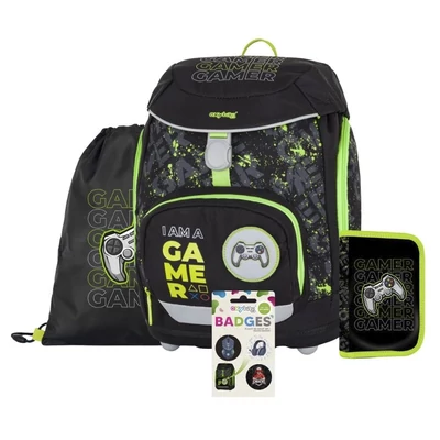 Iskolatáska szett OXY SHERPY 4 részes Gamer tolltartóval, tornazsákkal és cserélhető matricával